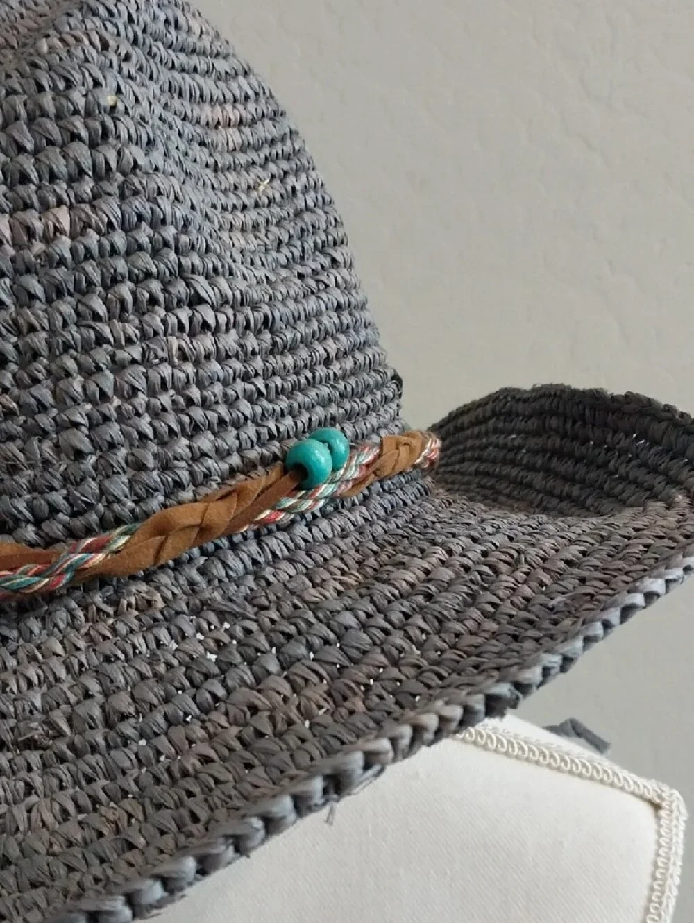 Wallaroo Gray Blue Braided-Bead Straw Sun Hat with Turquoise Accents NWT